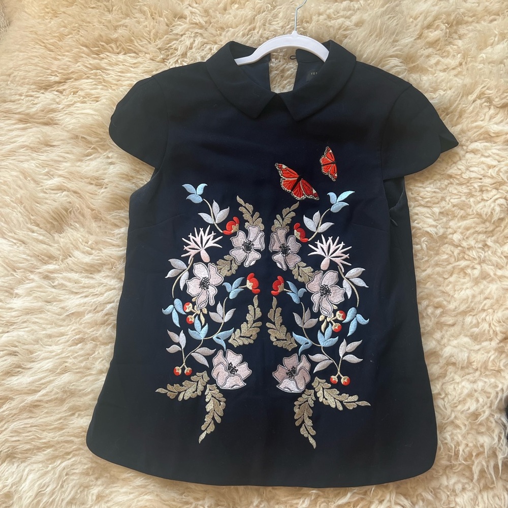 Ted baker Peter Pan collar embroidered navy blue top